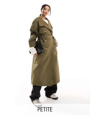 Vero Moda Petite high neck belted maxi trench coat in khaki-Green