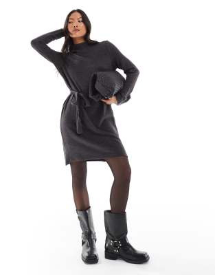 high neck knit mini dress with tie waist in black