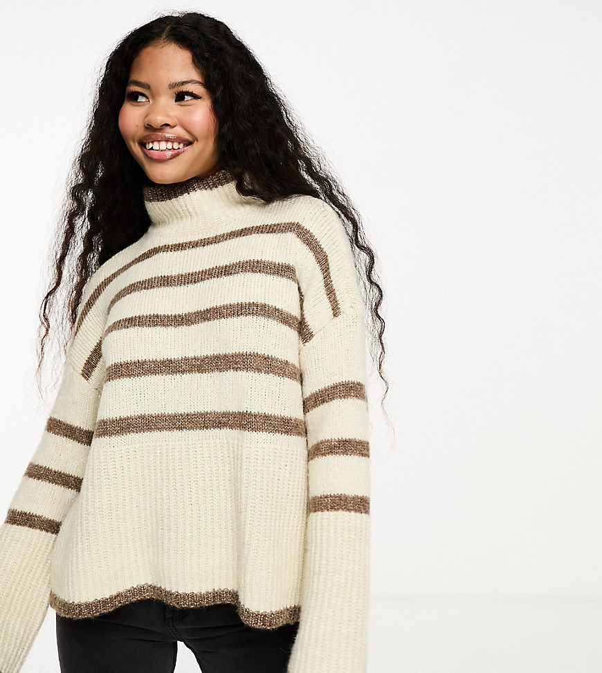 Vero Moda Petite High Neck Oversized Stripe Sweater In Cream And Brown-white