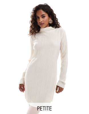 Vero Moda Petite Vero Moda Petite high neck plisse mini dress in ecru-Neutral