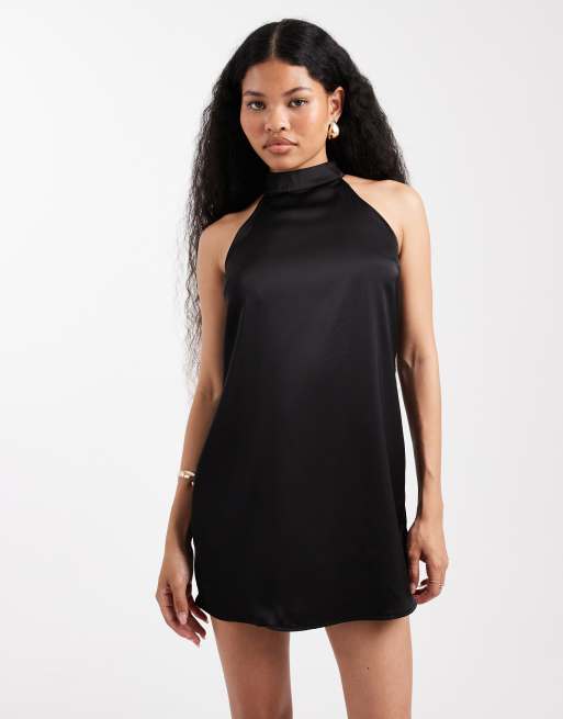 Vero Moda Petite high neck racer cut satin mini dress in black, 3 of 4