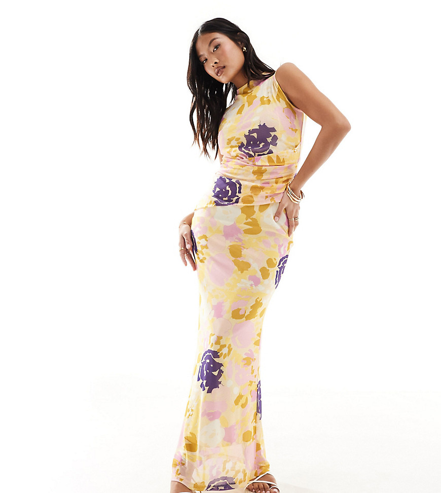Vero Moda Petite high neck sleeveless mesh maxi dress in lemon floral print-Yellow