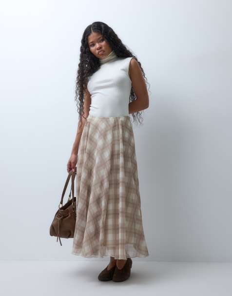 Vero Moda Petite high waist asymmetric midi skirt in neutral check - view 1