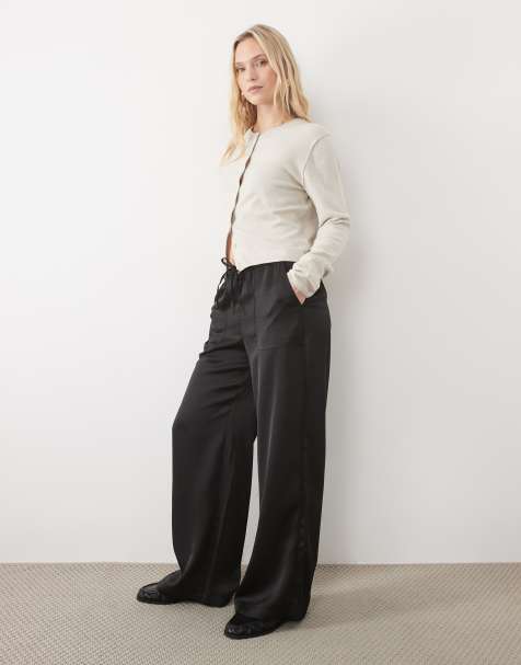 Vero Moda Petite high waist satin loose fit pants in black - view 1