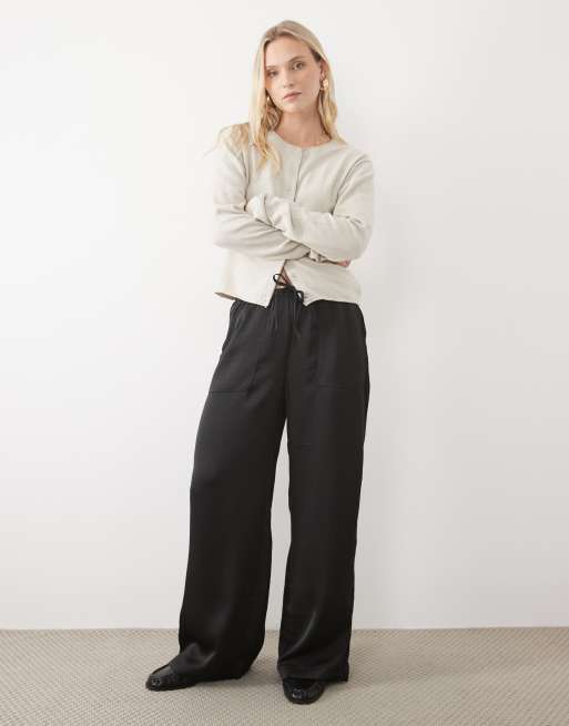 Vero Moda Petite high waist satin loose fit pants in black, 3 of 5