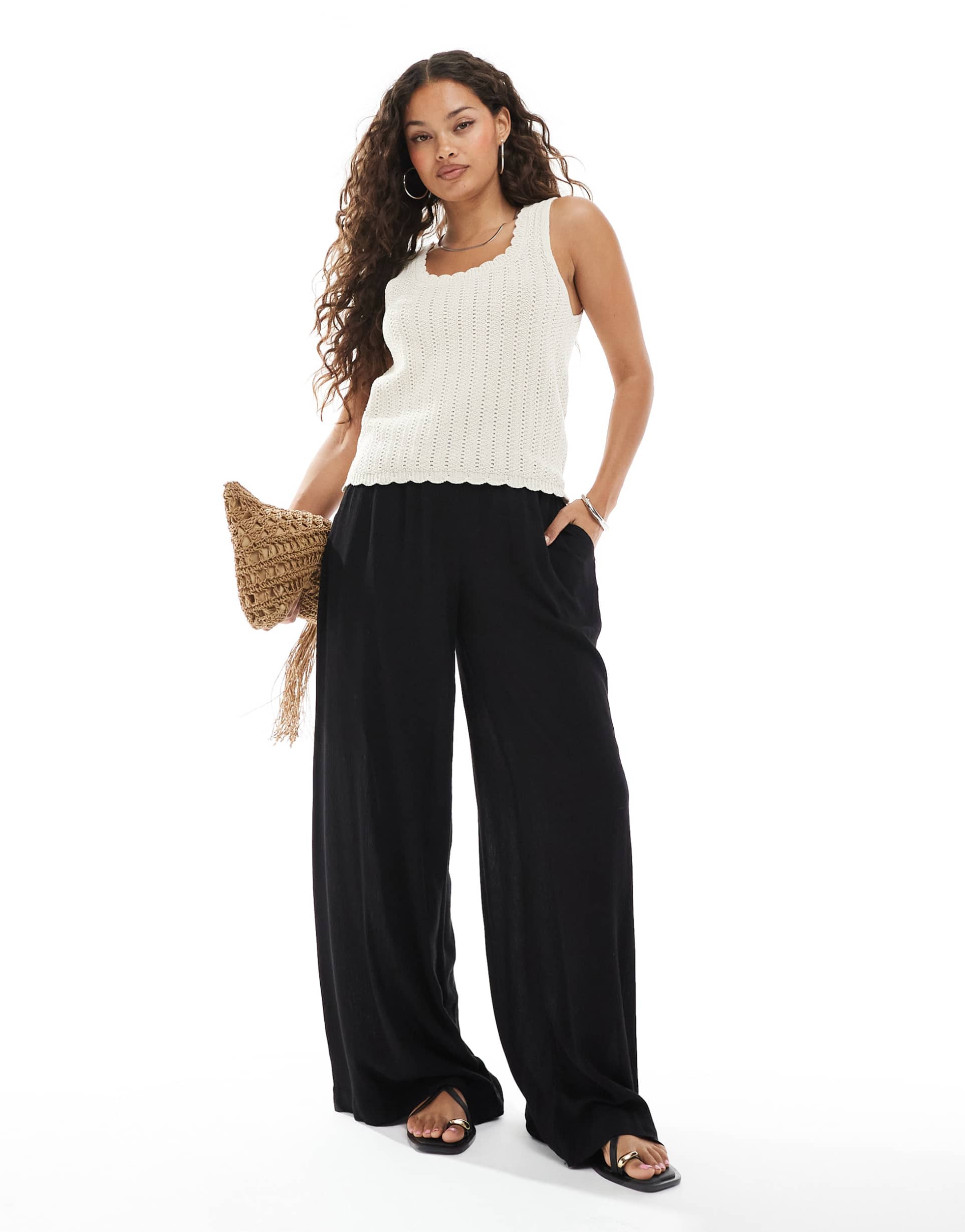 vero moda petite high waisted floaty wide leg pants in black