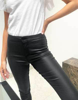 petite high waisted leather look trousers