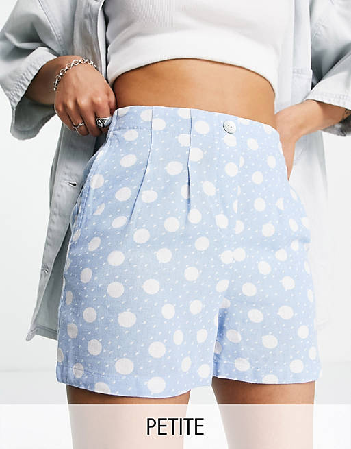 Vero Moda Petite high waisted shorts in blue polka dot