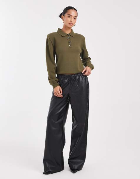 Vero Moda Petite – Hose aus Kunstleder in Schwarz mit Kordelzugbund und weitem Bein - view 1