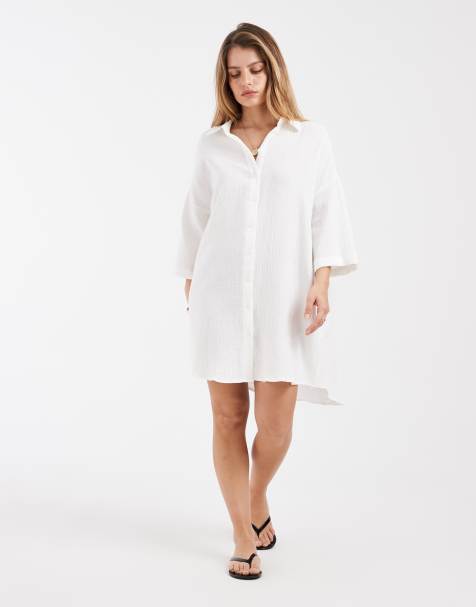 Vero Moda Petite - Hvid oversized skjortekjole med tekstur i ostelærred - view 1