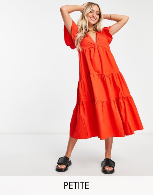 Vero Moda Petite – Jaskrawoczerwona warstwowa sukienka midi z falbanką