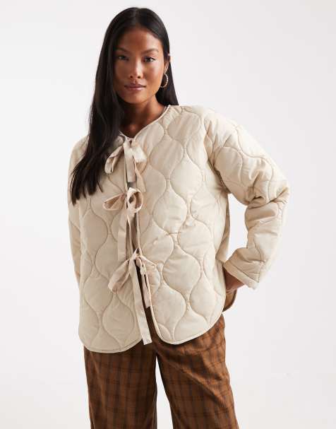 Vero Moda Petite tie front quilted jacket in oatmeal