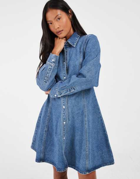 Vero Moda Petite jeansminiklänning med knäppning och dekorativ söm i mellanblå denim - view 1