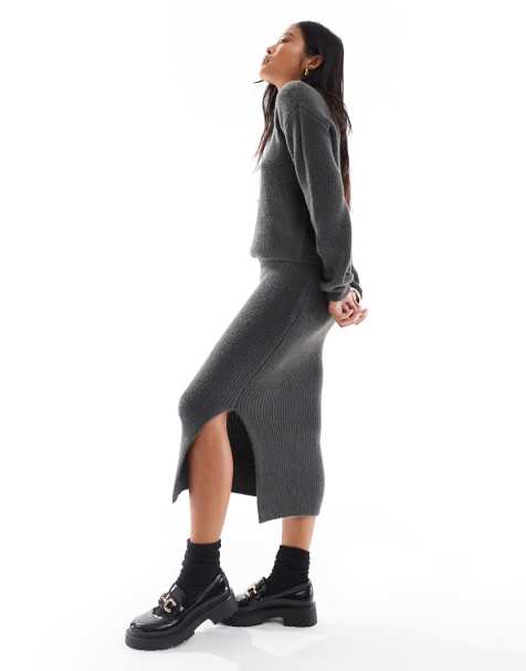 Vero Moda Petite - Jupe d'ensemble mi-longue en maille duveteuse - Gris asphalte - view 1