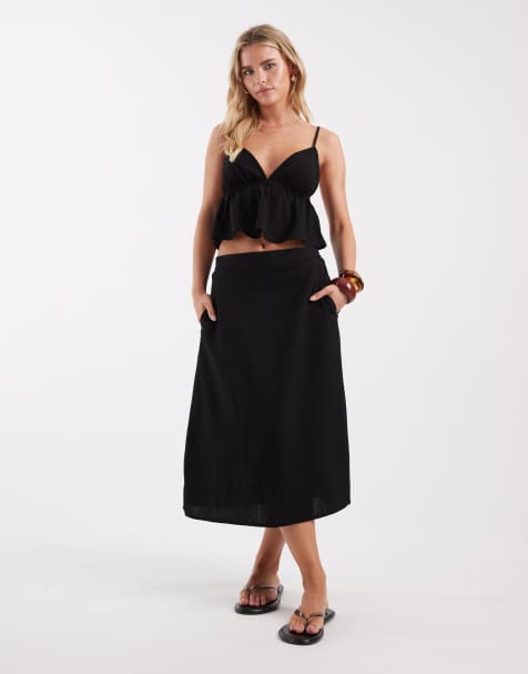 Vero Moda Petite - Jupe mi-longue d'ensemble aspect lin - Noir - view 1