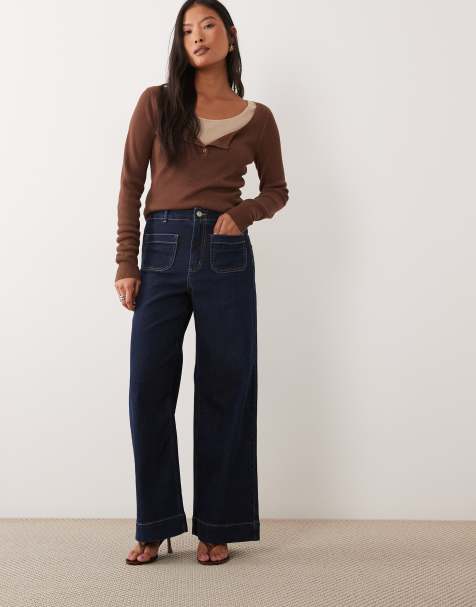 Vero Moda Petite Kayla high rise wide leg jeans with pocket detail in dark blue denim - view 1