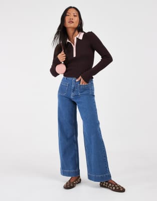 Vero Moda Petite Kayla High Rise Wide Leg Jeans With Pocket Detail In Blue