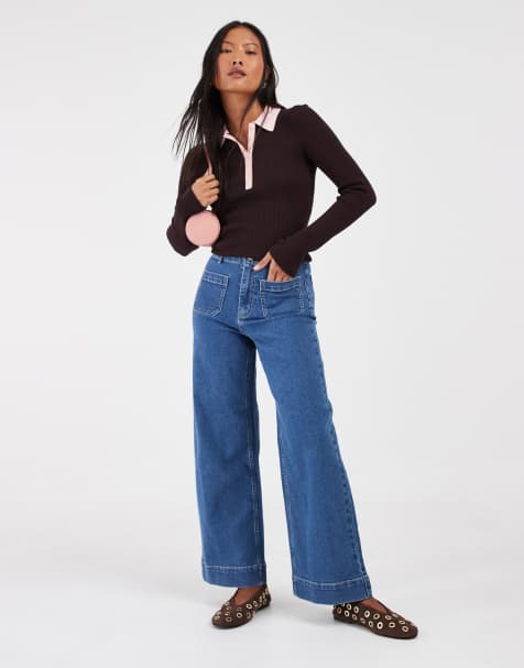Vero Moda Petite Kayla jeans met hoge taille en wijde pijpen met zakdetail in middenblauw denim - view 1