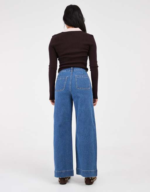 Vero Moda Petite Kayla vaqueros de pernera ancha con detalle de bolsillo en denim azul medio, 2 de 5