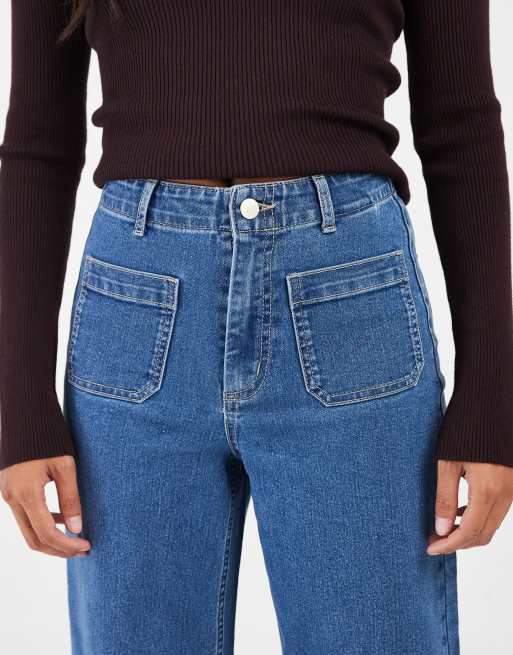 Vero Moda Petite Kayla vaqueros de pernera ancha con detalle de bolsillo en denim azul medio, 5 de 5