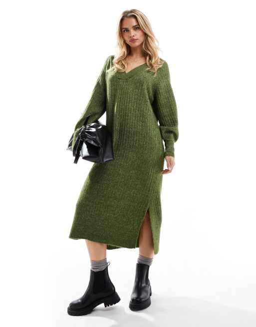 Vero Moda Petite – Khakifärgad, melerad tröjklänning i oversize med mjuk ribbning