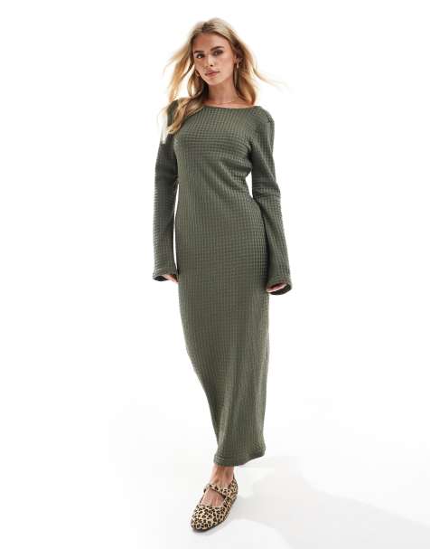 Vero Moda Petite – Khakifärgad, texturerad maxiklänning med långa ärmar - view 1