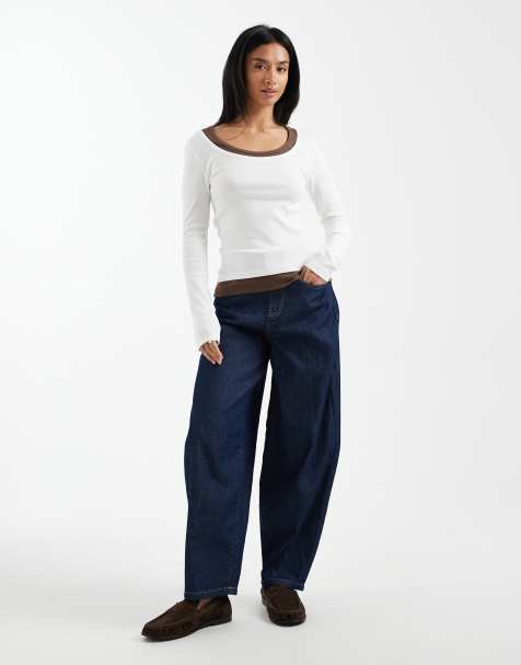 Vero Moda Petite Kirsa high waist barrel leg jeans in dark rinse wash