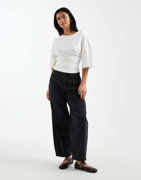 Vero Moda Petite Kirsa high waist barrel leg jeans in medium grey wash