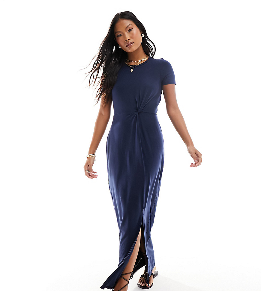 Vero Moda Petite knotted t-shirt maxi dress with split in navy
