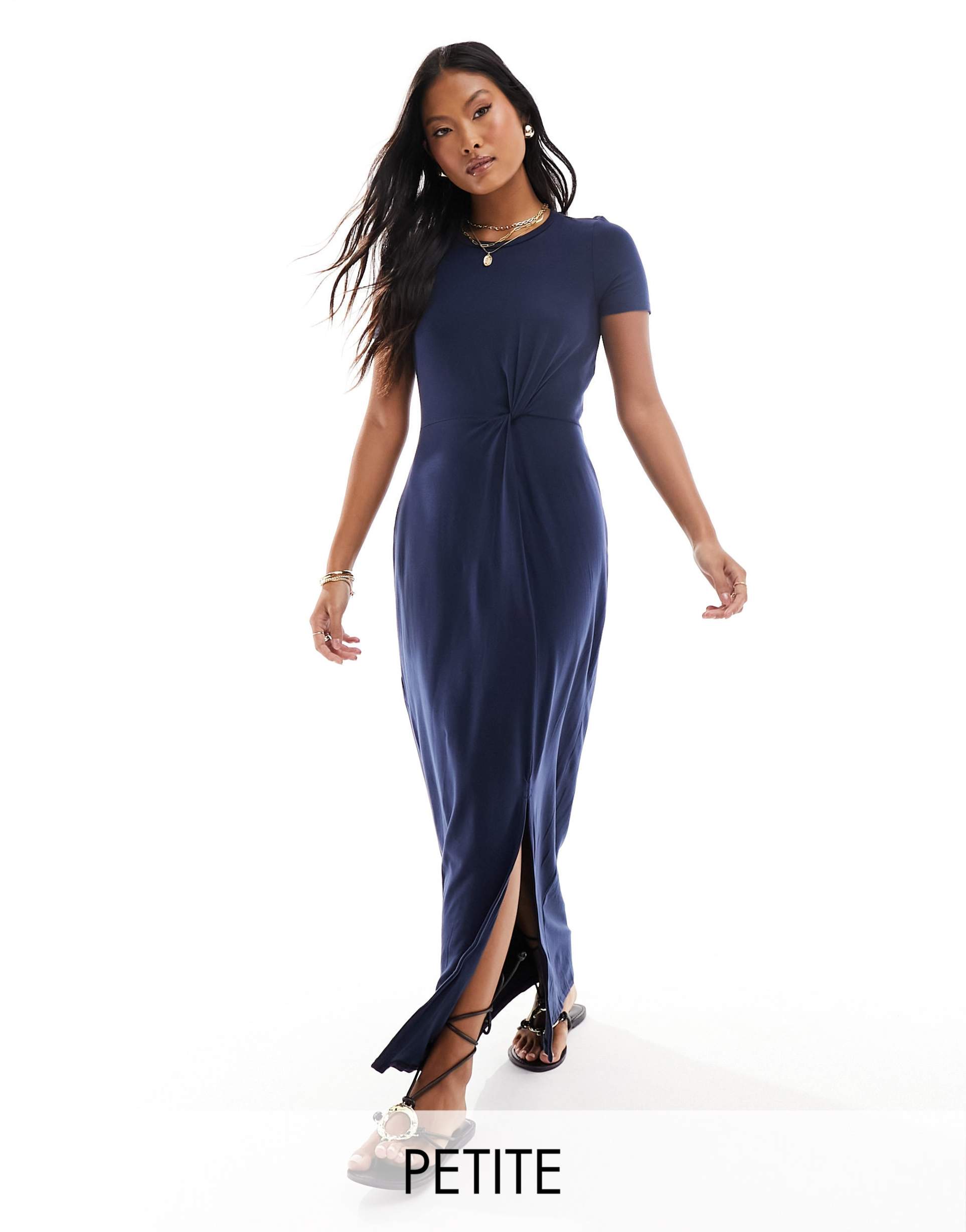 vero moda petite knotted t-shirt maxi dress with split in navy