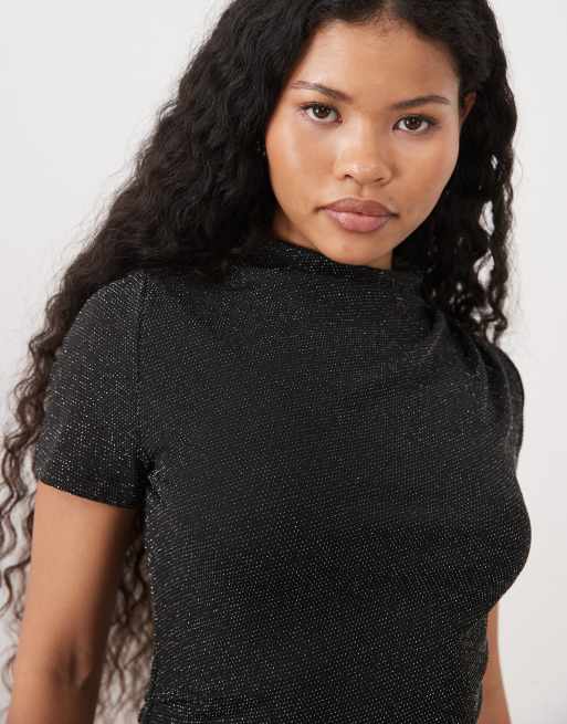 Vero Moda Petite kortärmad rynkad miniklänning med glitter i svart, 3 av 4