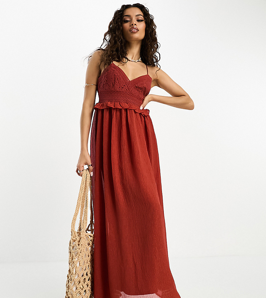 lace insert cami maxi dress in red