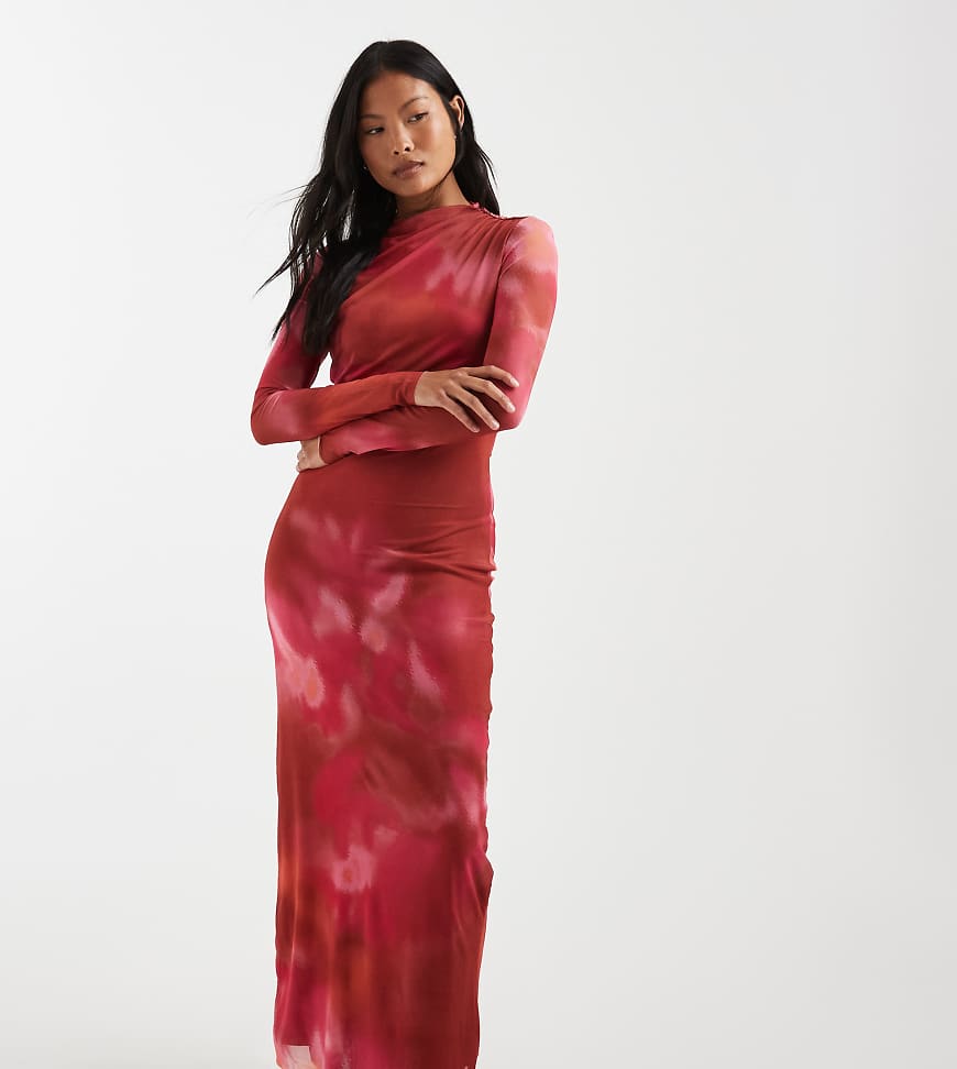 Petite - Langärmliges, fließendes Netzstoff-Maxikleid mit Marmormuster in Rosa und Orange Rosa M