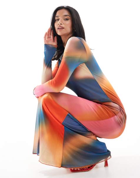 Vero Moda Petite – Langärmliges Netzstoff-Maxikleid mit blauem Sonnenuntergangsmuster - view 1