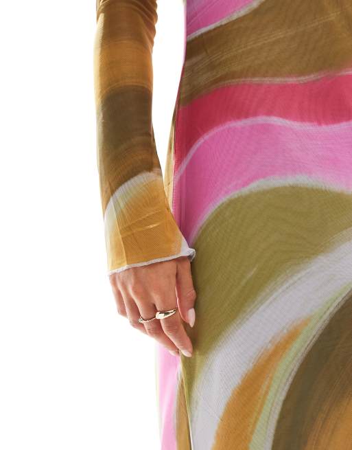 Vero Moda Petite – Langärmliges Netzstoff-Maxikleid mit buntem, überdimensioniertem Muster mit gemaltem Effekt, 2 von 4