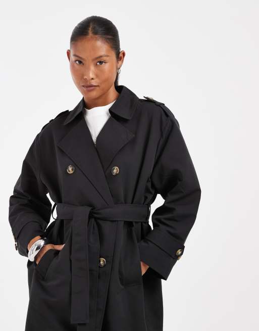 Vero Moda Petite lange trenchcoat met ceintuur in zwart, 3 van 4