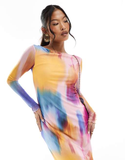 Vero Moda Petite - Langærmet kjole med sløret, multifarvet print i mesh, 4 af 4