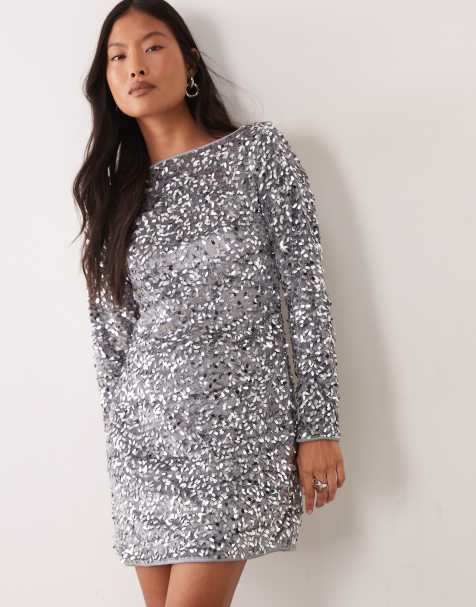 Vero Moda Petite langærmet midikjole med bådudskæring og pailletter i sølv - view 1