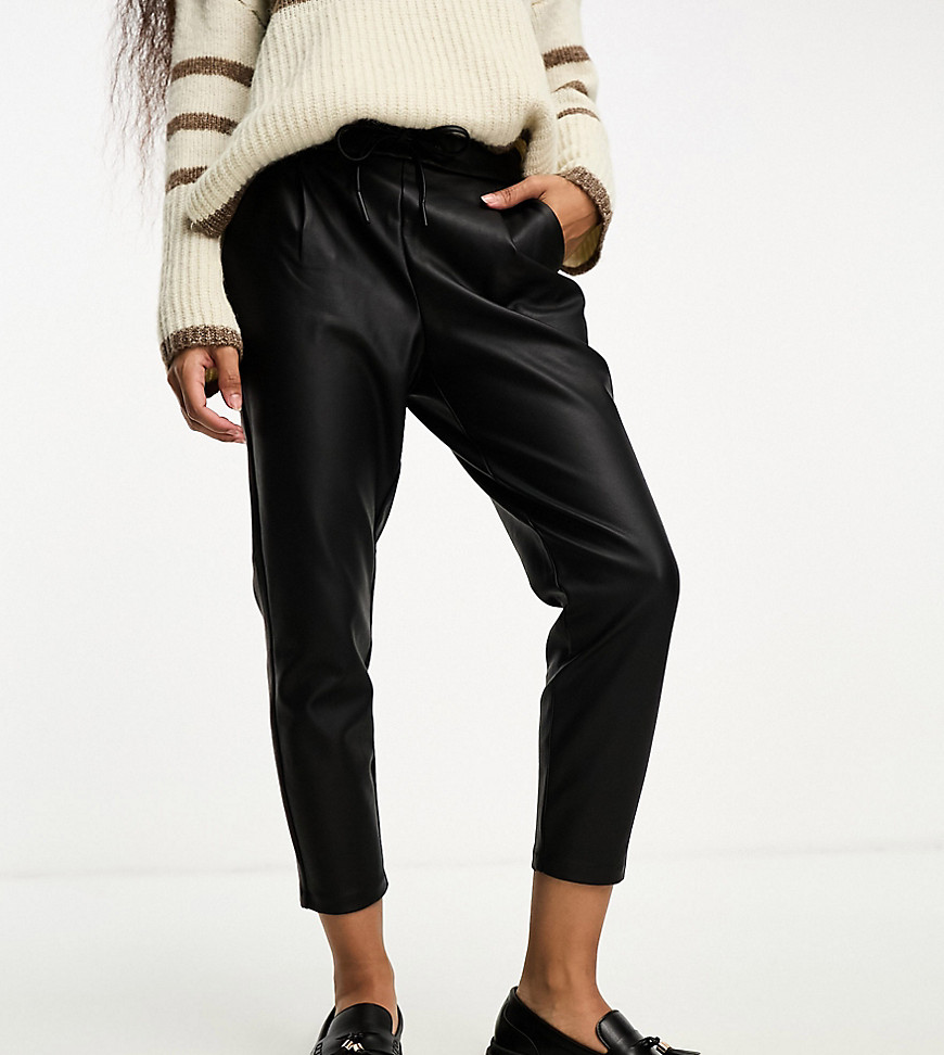 Vero Moda Petite leather look coated joggers with tie waist in black