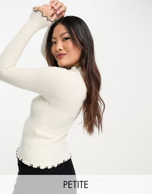 Vero Moda Petite lettuce edge long sleeved top in cream with black tipping