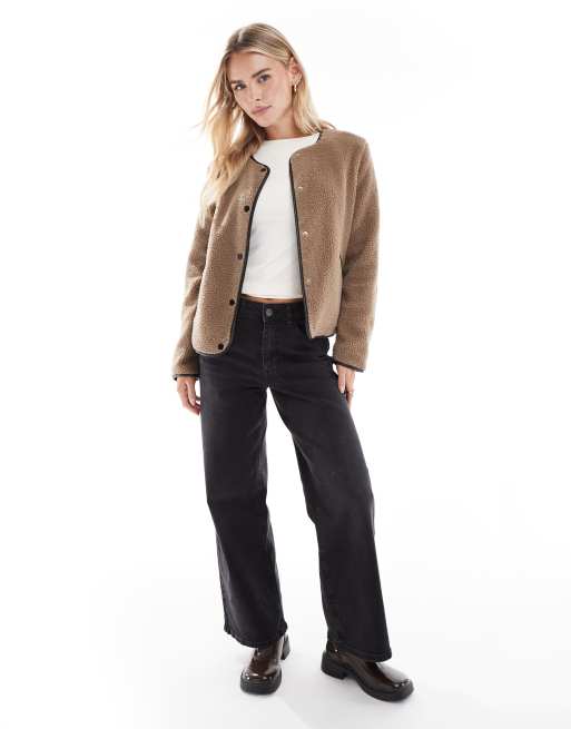 Vero Moda Petite lightweight contrast teddy jacket in beige