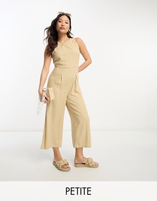 Vero Moda Petite linen mix tie back jumpsuit with pleat front wide leg in beige