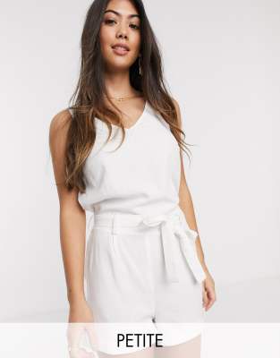 Vero Moda Petite linen playsuit with tie waist in white