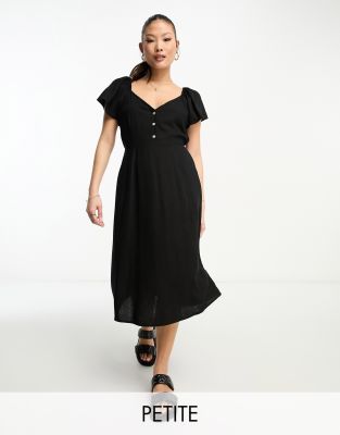 Vero Moda Petite linen touch flutter sleeve midi dress in black