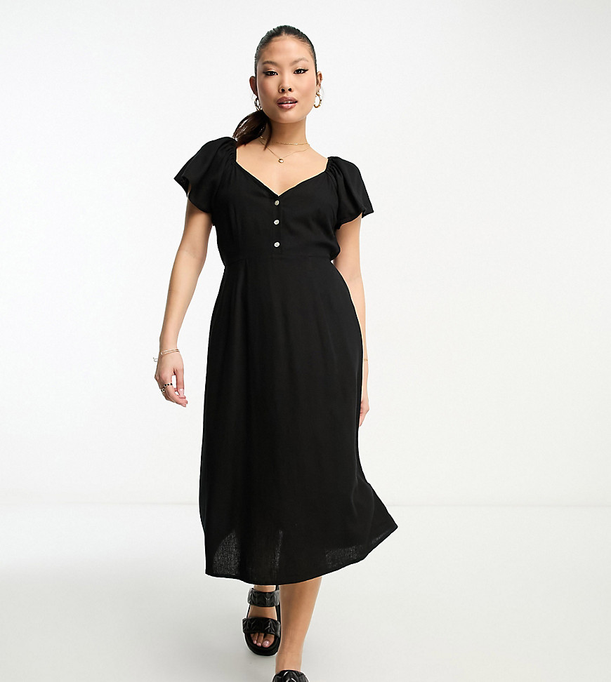 linen touch flutter sleeve midi dress in black