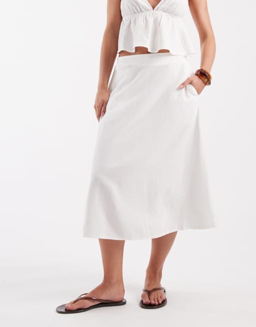 Vero Moda Petite linen touch midi skirt in white (part of a set), 3 of 5