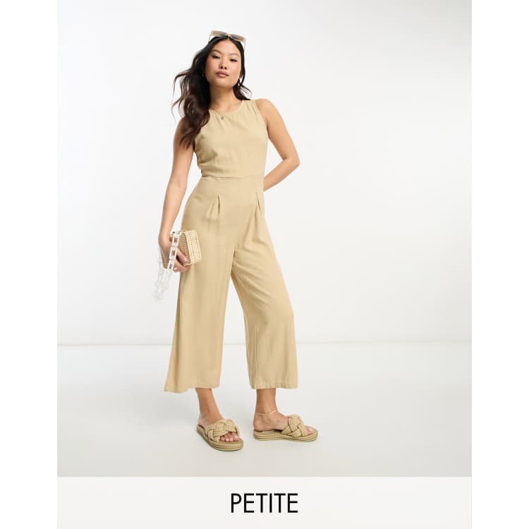 Vero Moda Petite linen touch back jumpsuit with pleat front wide leg in beige | ASOS