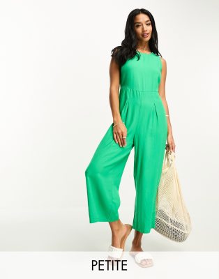 Vero Moda Petite linen touch tie back jumpsuit with pleat front wide leg in green