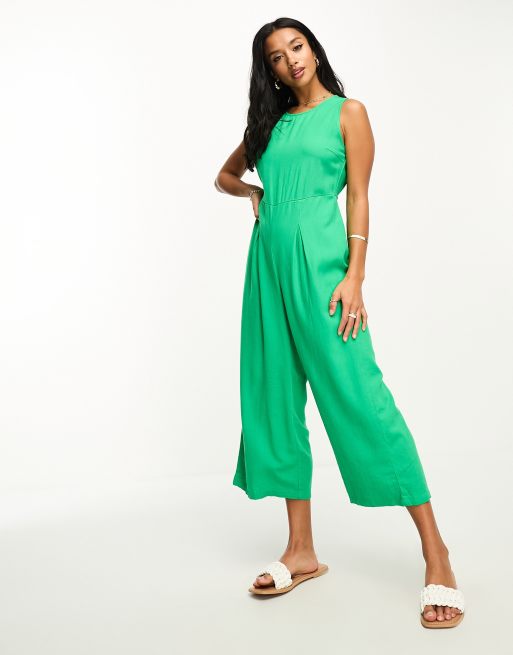 Vero Moda Petite linen touch tie back jumpsuit with pleat front leg in green | ASOS