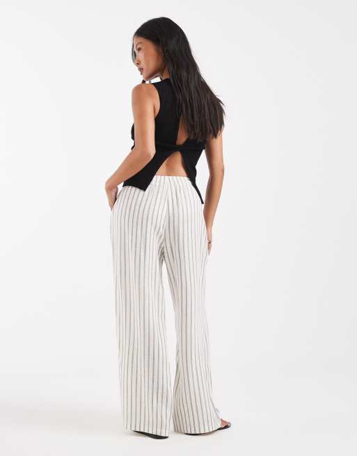 Vero Moda Petite linen touch wide leg pants with drawstring waist in cream stripe, 4 of 5